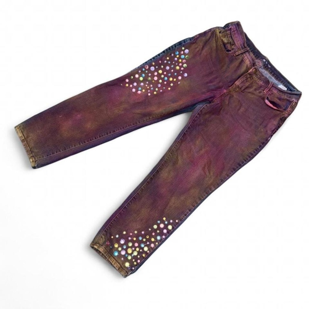 Whimsical Hot Pink gold chunky pastel rhinestone jeans.Upcycled. Ladies 12. - Picture 2 of 7